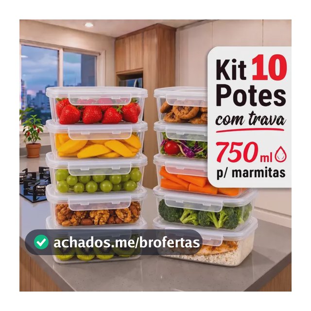 Kit 10 Potes 750ml Com Tampa Trava Plástico Transparente Para Mantimentos E Alimentos Marmita Organizador De Cozinha Geladeira E Freezer Jogo De Potes Para Organização Ponte Lar Utilidades