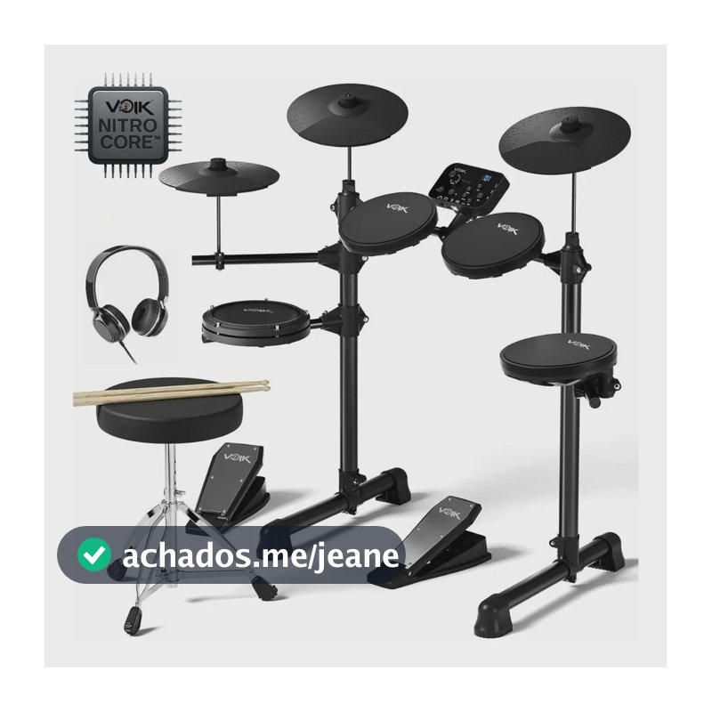 Bateria Eletrônica Voik VIBE-500 Nitro Core MIDI USB 7 Peças Caixa Mesh 15 Kits Silenciosa Completa Com Banco + Fone + Baqueta Para Iniciantes E-DRUMS Series Cor Preto Bivolt 110v/220v