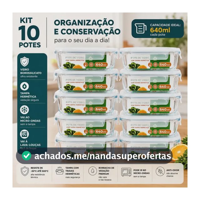 Kit 10 Potes Herméticos De Vidro 640ml Haushop Tampa Vedação Firme Para Geladeira E Despensa Organização Da Cozinha