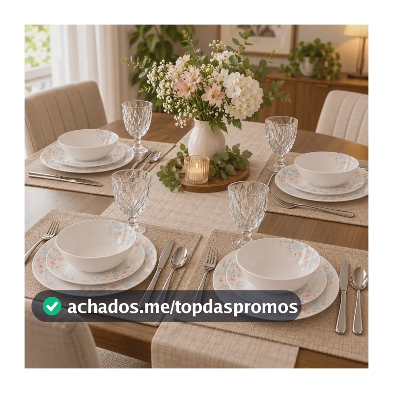 Aparelho De Jantar Nhame 28 Peças Opalina Talheres Inox Taça Branco Florido Azul