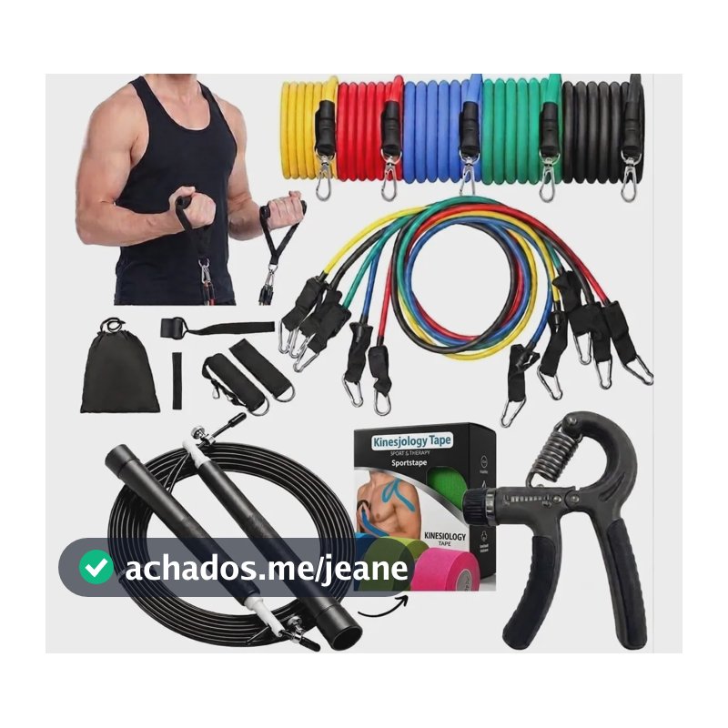 Kit 11 Elastico Extensor + Hand Grip + Corda + Brinde Preto Sortido