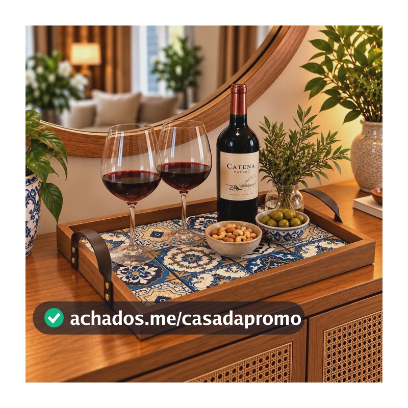 Bandeja Decorativa Retangular Madeira Alça Couro 45x27cm Madeira
