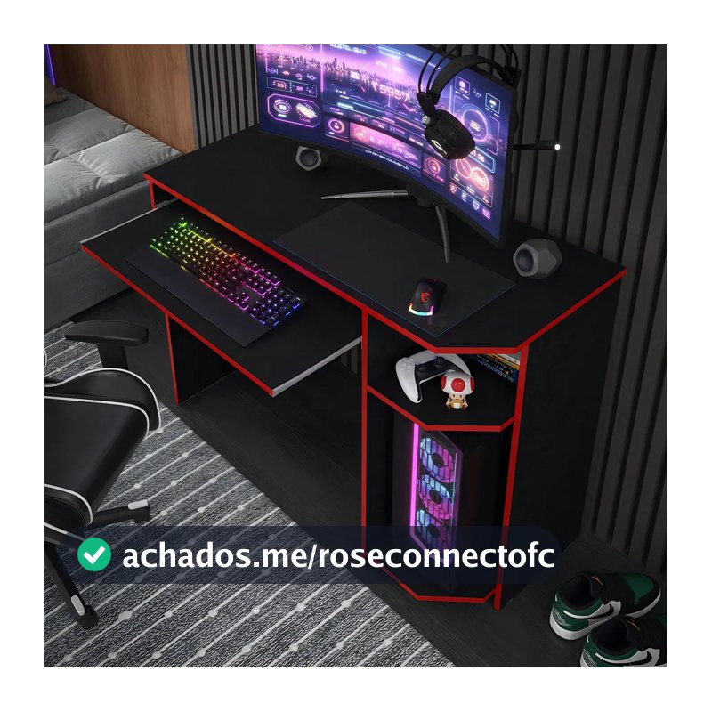 Escrivaninha Mesa Para Computador Gamer Teclado Cpu Cor Preto Vermelho