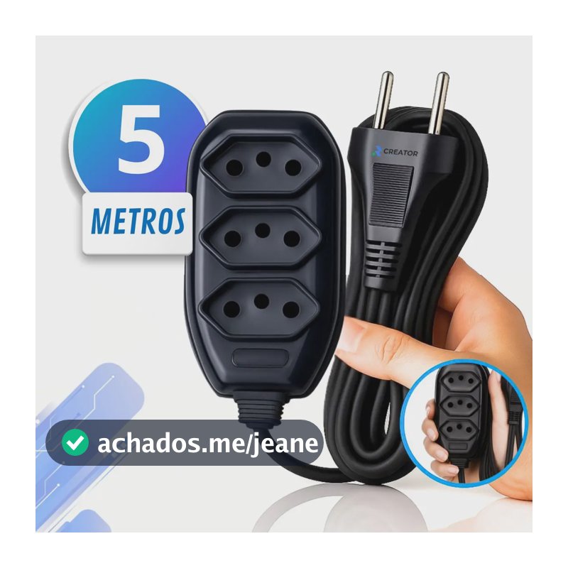 Extensão Elétrica Tripolar 5 Metros Preta 10A Bivolt 127V 220V Cabo Reforçado Tomada 3 Pinos 2P+T Prolongador Extensor Padrão Inmetro Creator Brasil