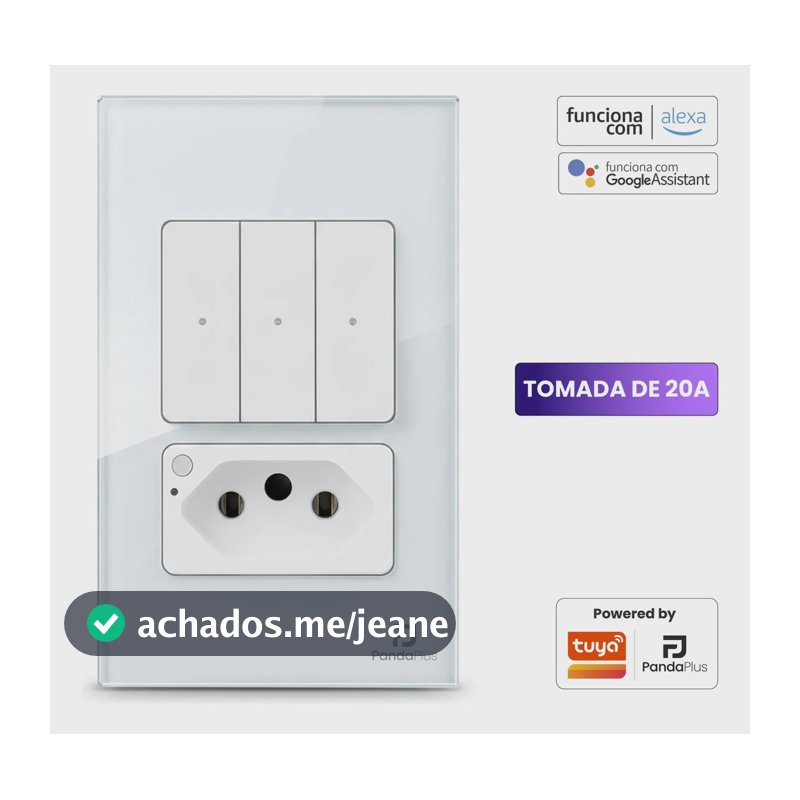 Interruptor Inteligente com Tomada Panda Plus, 3 Botões e Wi-Fi, para Alexa e Google Home, Bivolt