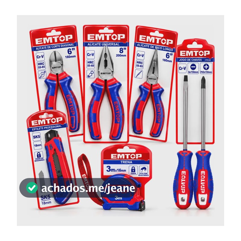 Kit 6 Ferramentas Emtop Alicates Chaves Estilete Trena Azul E Vermelho
