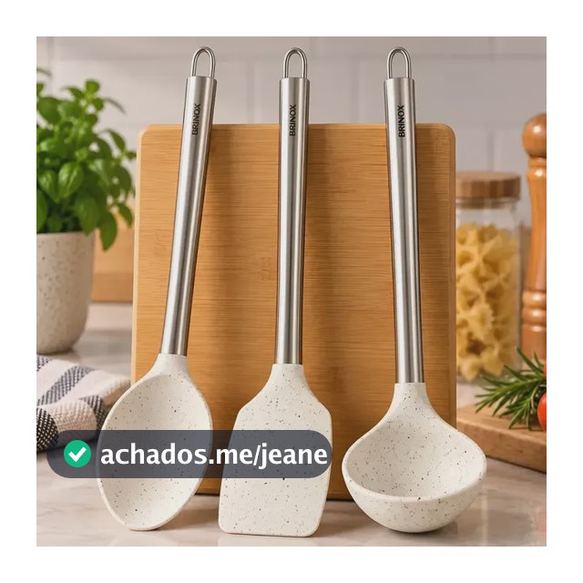 Kit 3 Utensílios Cozinha Silicone Brinox Vanilla Cabo Aço Inox Concha Colher Arroz Espátula Não Risca Panela Antiaderente Ceramic Life