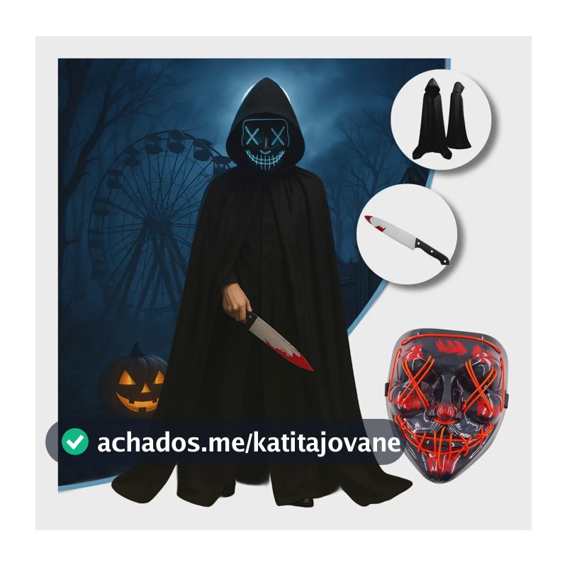Kit Fantasia Completa Halloween Festa Fantasia Terror Cosplay Máscara Led Neon Capa Cetim Vampiro Drácula Faca Realista - The Purge Uma Noite De Crime