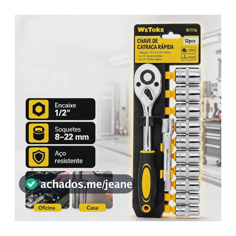 Jogo Sextavado Soquete 1/2 Com Catraca 12 Pcs E Extensão Amarelo
