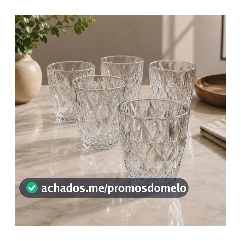 Jogo 6 Copos Baixos Diamond 300ml Vidro Resistente Diamante Transparente