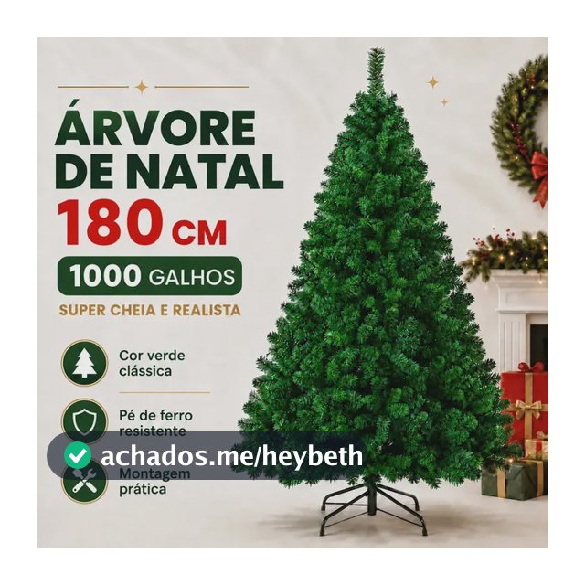 Árvore de Natal Verde Premium 180 cm com 1000 Galhos Cheios e Pé de Ferro Atelier Enovelada