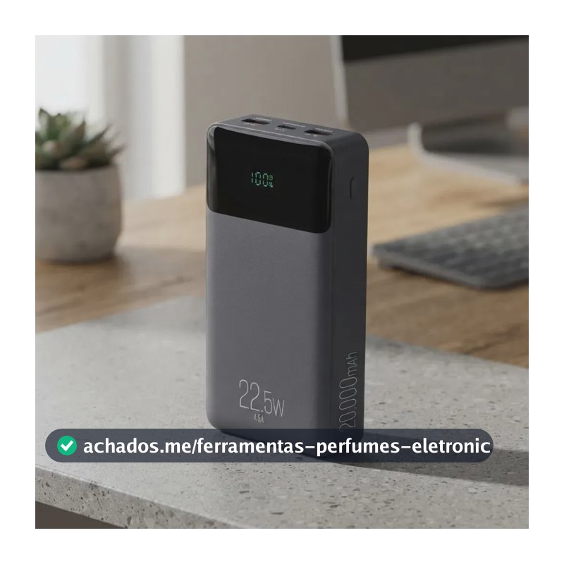 Power Bank Pro 20000mAH ELG PB200BK, Bateria Portátil Universal, Carga Rápida, Display Indicador, Entradas Micro USB e USB-C, 2 Portas USB-A, PD+QC3.0, Preto