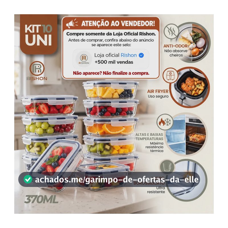 Kit 10 Pote De Vidro Marmita Hermético 370ml Freezer Fitness Rishon