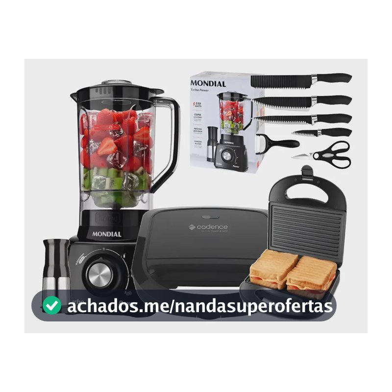 Kit Liquidificador Mundial + Sanduicheira Misteira + Facas Preto 110v / 127v