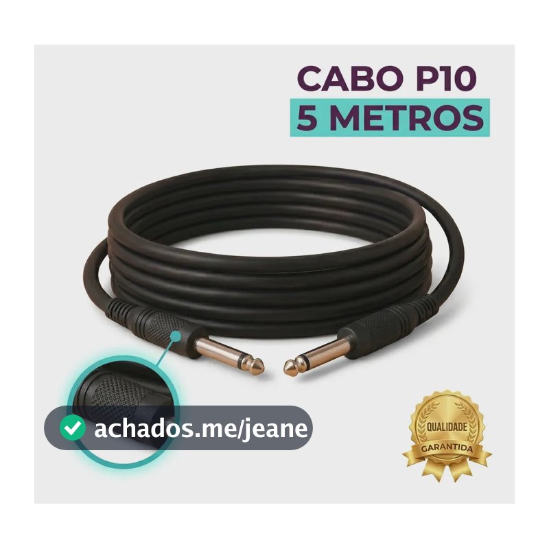 Cabo de Áudio Mono P10 para P10 5 Metros Profissional Conectores Metálicos Reforçados Alta Resistência Transmissão Estável Som de Qualidade para Instrumentos Amplificadores e Mesas Brasiliana Tech