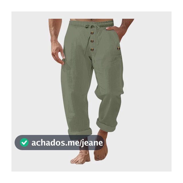 Calça Masculina Casual De Algodão E Linho Com Bolsos E Botão