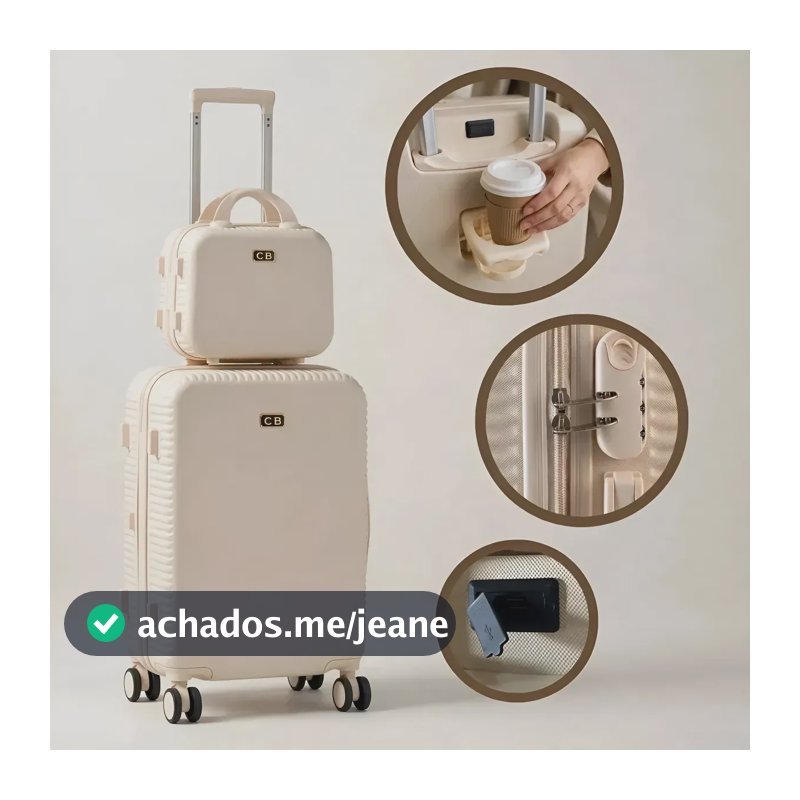 Mala de Viagem Bordo 10 kg Com Frasqueira Suporte de Copo Saida USB Trava Cor Bege