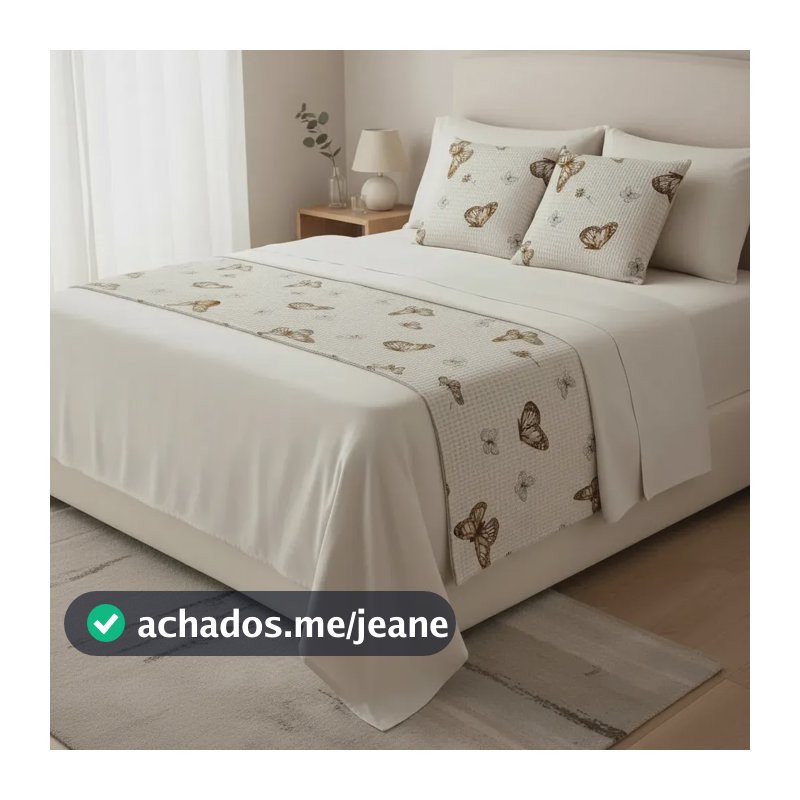 Kit Peseira Piquet King + 2 Capas De Almofada Luxo Quarto Borboleta Cáqui Estampada