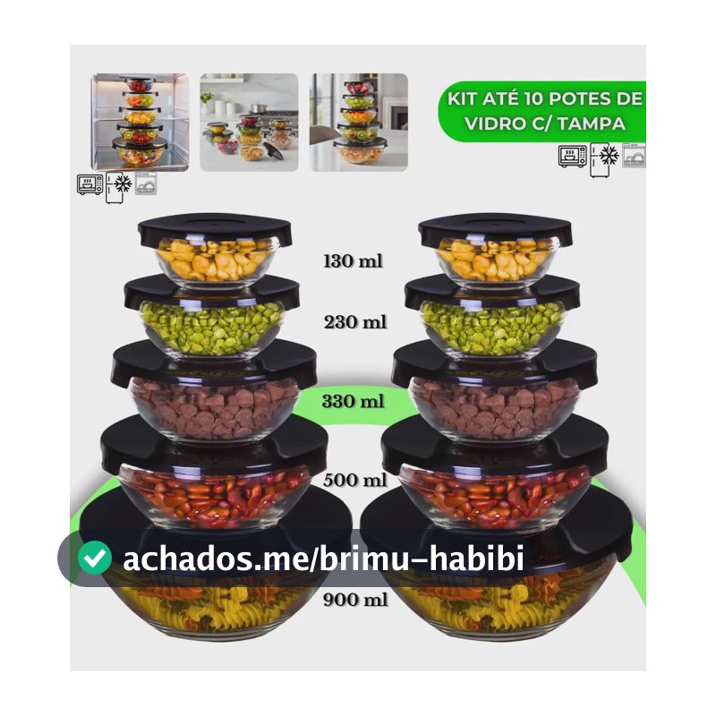 Kit 10 Potes De Vidro Hermético Com Tampa Tigela Redondo Freezer Micro-ondas Marmita Ideal para Alimentos e Refeições VYROX