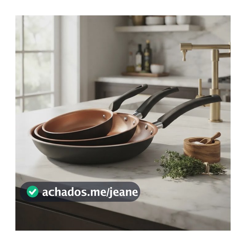 Jogo De 3 Frigideiras Premium Antiaderentes Teflon Bege Preto Cobre