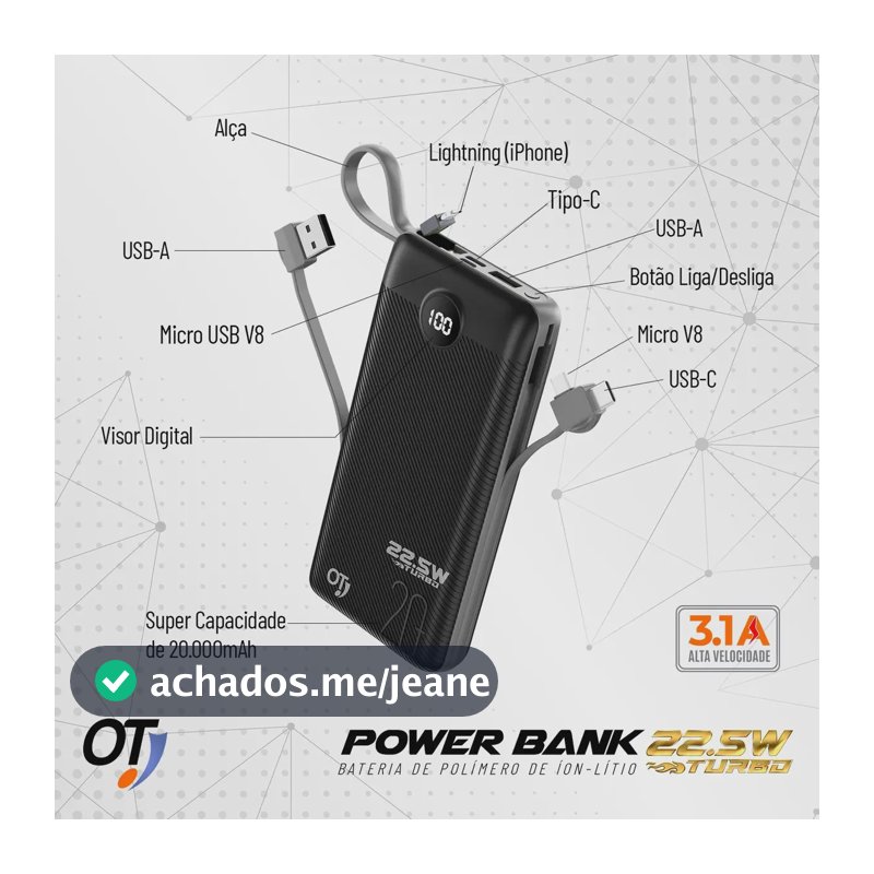 Power Bank O.T 20.000mAh de Carga Rápida com Display Digital