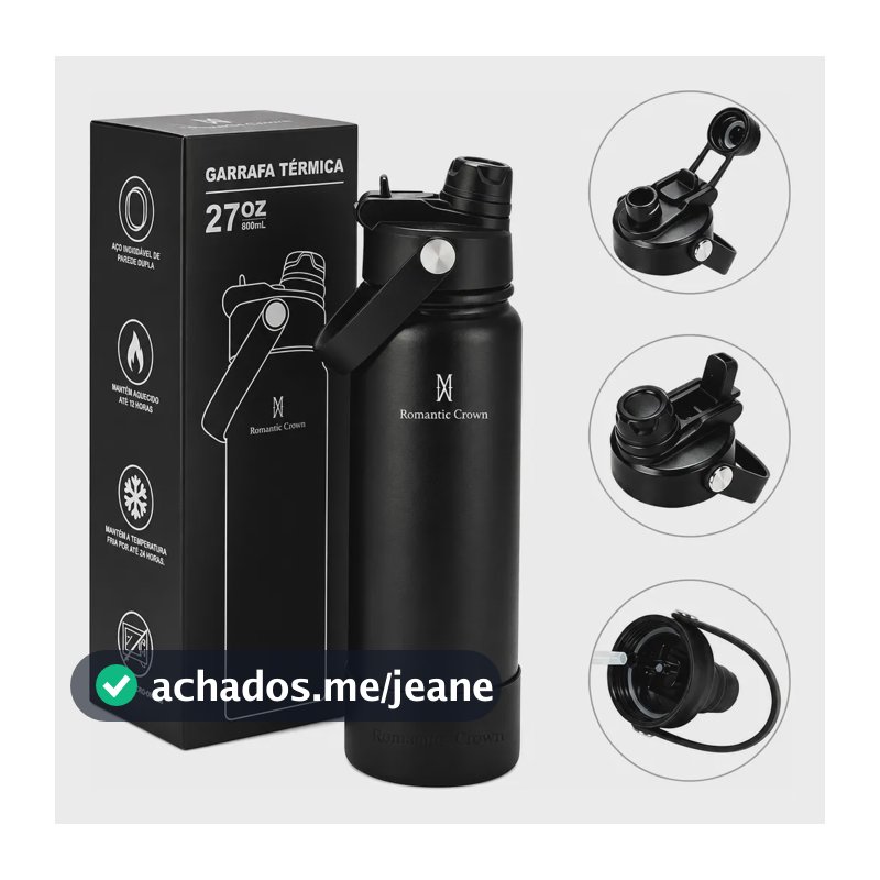 Garrafa Térmica Inox 800ml Bico Duplo Com Canudo Alça Carro Preto