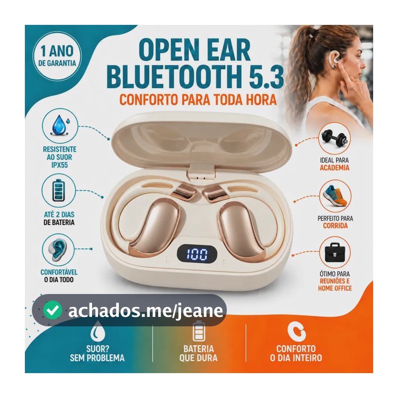 Fone Bluetooth Ows Open Ear Sem Fio Esportivo Com Display Digital Case Carregadora Usb-c Compatível Android iPhone Ios Academia Corrida Caminhada Trabalho Chamadas Música Branco 3tech