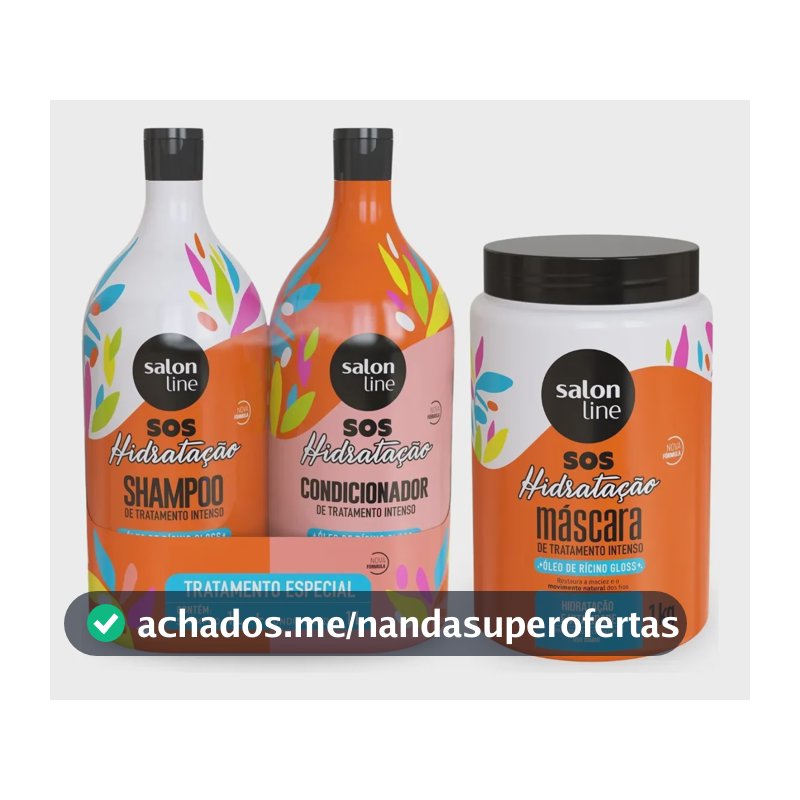 Kit Shampoo E Condicionador 1l + Máscara 1kg Sos Hidratação com Óleo de Rícino Linha de Tratamento Cabelos Danificados