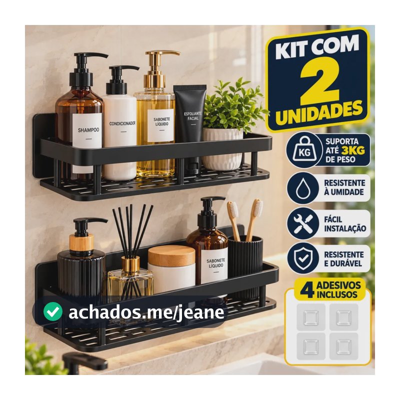 Kit 2 Suporte Porta Shampoo Sabonete Banheiro Adesivo Parede Sem Furos Box Luxo Cor Preto CNC DO BRASIL