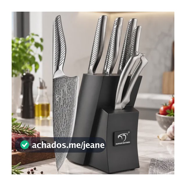 Jogo De Facas 7 Peças, Aço Carbono, Cabo Inox Ergonômico Preto