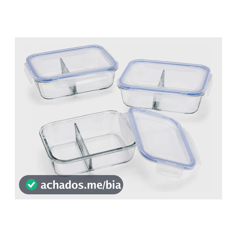 Conjunto 3 Potes Hermético Vidro C/ Divisória Marmita 640ml Transparente