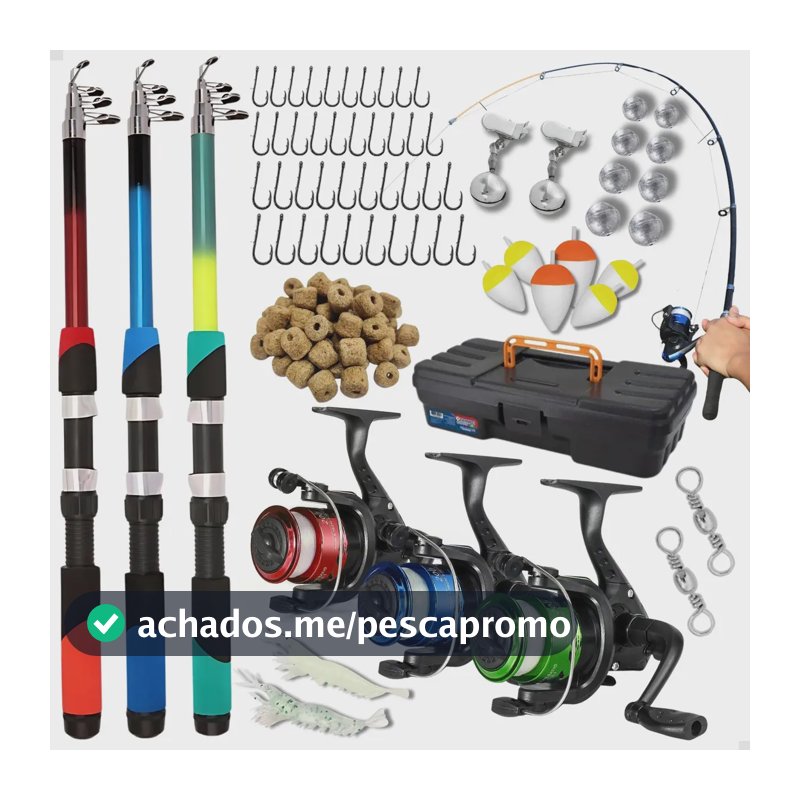 Kit de Pesca Completo Pescamping com 3 Varas Telescópicas e 3 Molinetes de Fibra de Vidro, Maleta e Acessórios