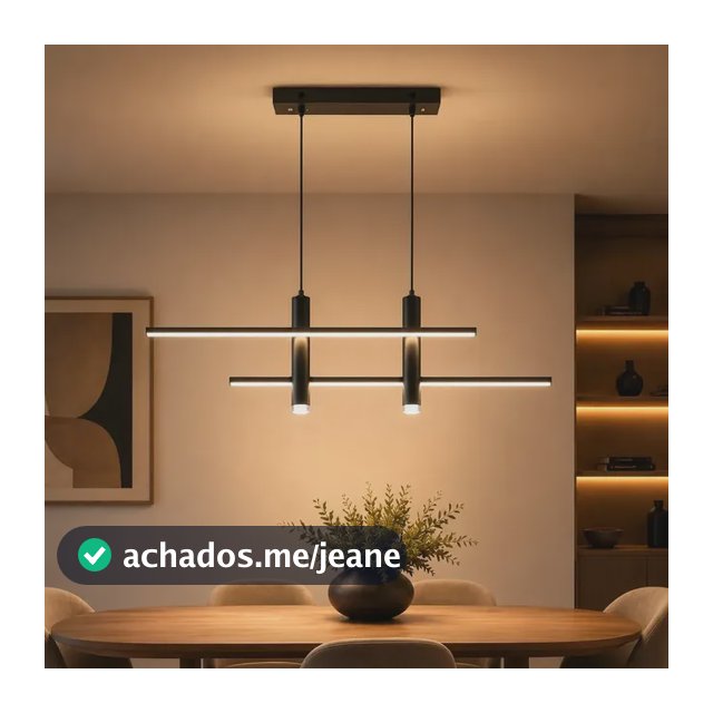 Lustre Led Retangular, Ferro + Alumínio, Pendente Linear 24w, E Altura Ajustável 90cm, Ideal Para Cozinha E Jantar, Tieesa D015 Preto