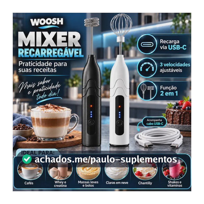 Mixer Elétrico Portátil 2 em 1 Recarregável Potente Misturador de Bebidas e Ovos 3 Velocidades Usb Batedor e Fue Fouet Woosh