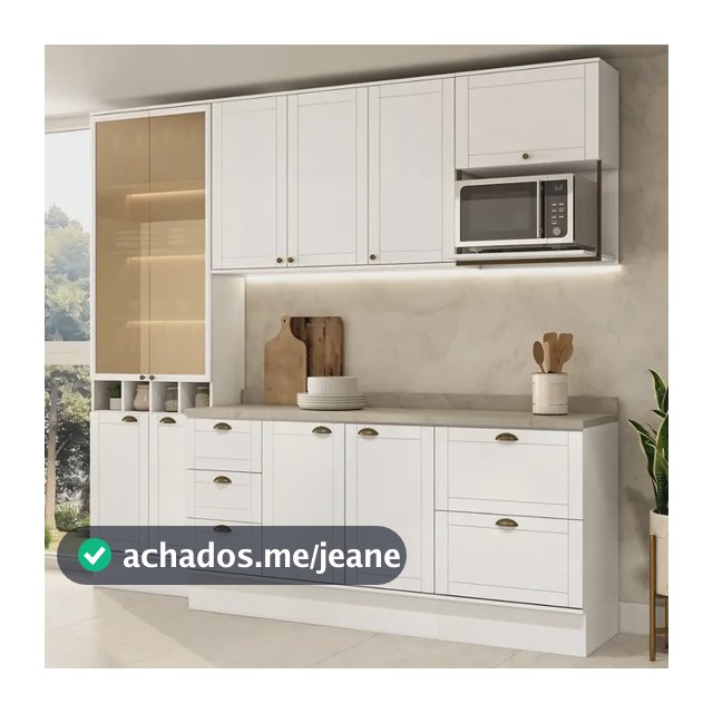 Armário de Cozinha Completa com Balcão e Cristaleira Vidro Reflecta 250cm 100% MDF Milla Muse Carraro Branco