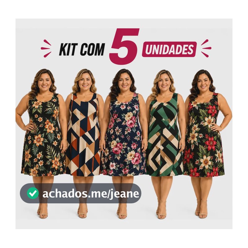 Kit 5 Vestido Liganete Regata Plus Size Malha Fria Calor Multicolorido Florido 48 A 52