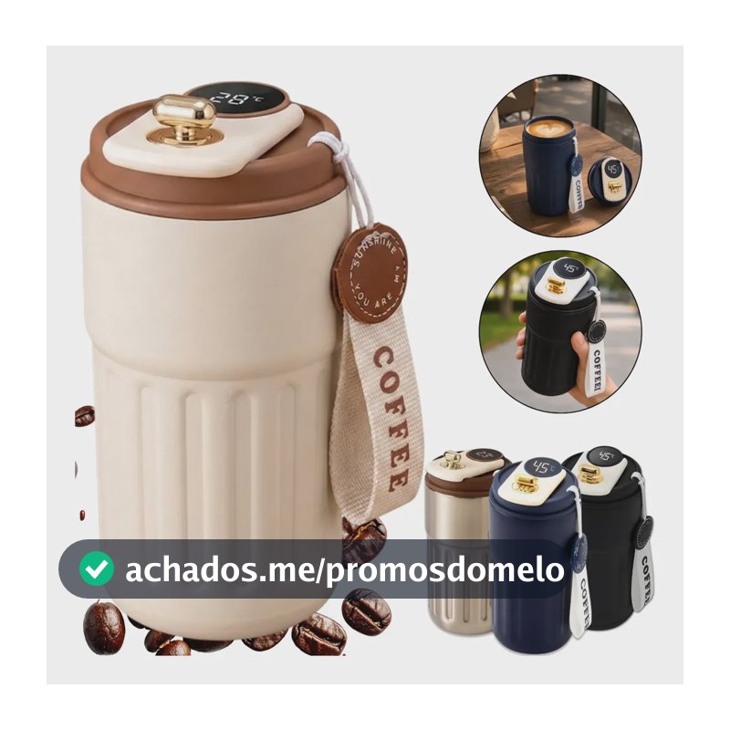 Copo Térmico Caneca Café Chá Tampa Display Temperatura Inox Creme/marrom Liso