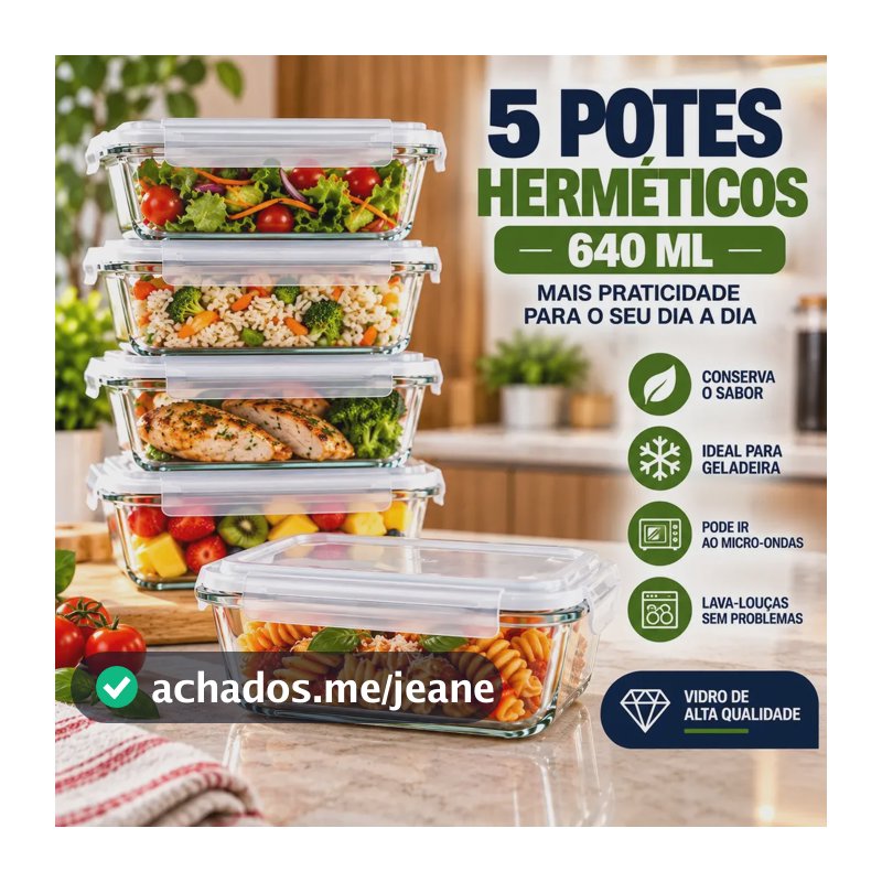 Conjunto 5 Potes Vidro Hermético 640ml Mantimentos Marmita Forno Microondas