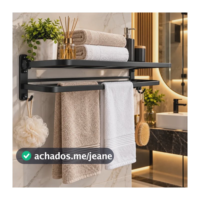 Suporte Porta Toalha Toalheiro Dobrável Banheiro Metal 50cm Preto