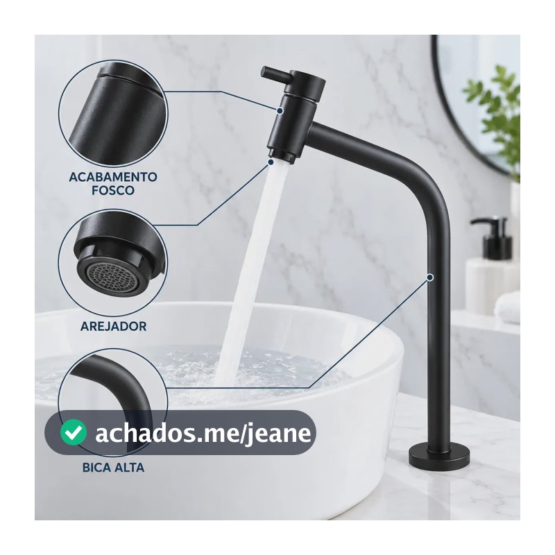Torneira de banheiro Bica Alta Aço Inox 1/4 Volta Água Fria Preto Fosco Moderno