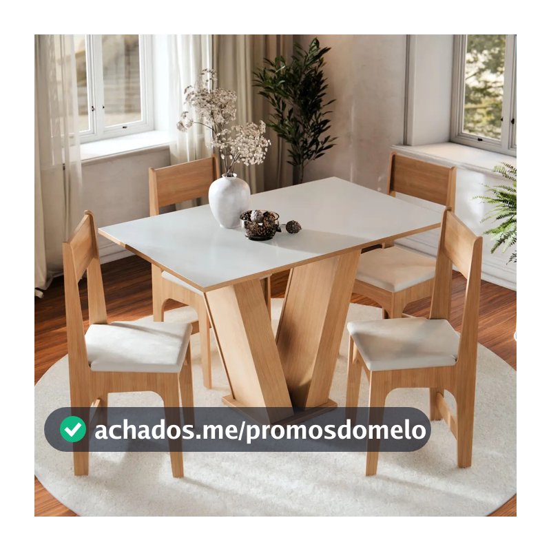 Conjunto Sala de Jantar 4 Lugares com Cadeiras Estofadas Mesa Com Tampo Retangular Semelhante Vidro Base V Mel Branco Off White