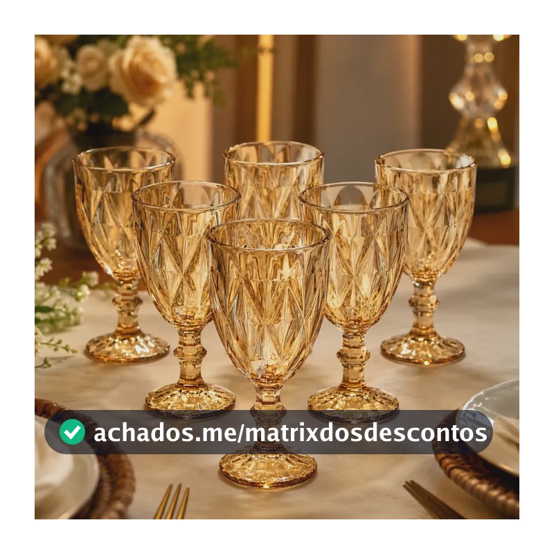 Kit 6 Taças De Vidro Diamond Âmbar 330ml Bico De Jaca Transparente Para Água Vinho Suco Drinks Mesa Posta Cozinha Bar Festa