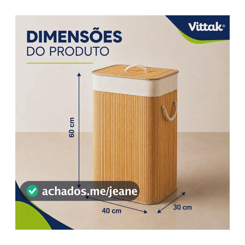 Vittak Cesto De Roupa Bambu 72 Litros Liso Dobrável Retangular Com Tampa E Forro