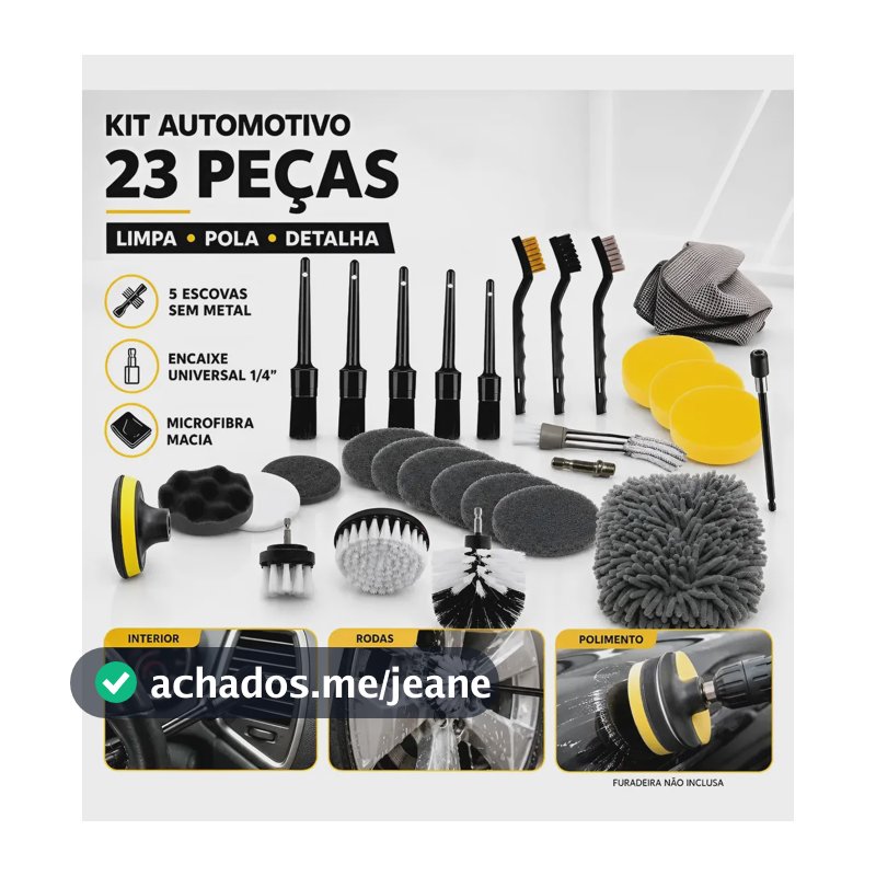 Kit Completo Limpeza E Polimento Automotivo 23 Pecas Escovas Detalhamento Sem Metal Adaptavel Furadeira Luva Lavagem Chenille Microfibra Carros Motos Rodas Pneus Interior Exterior