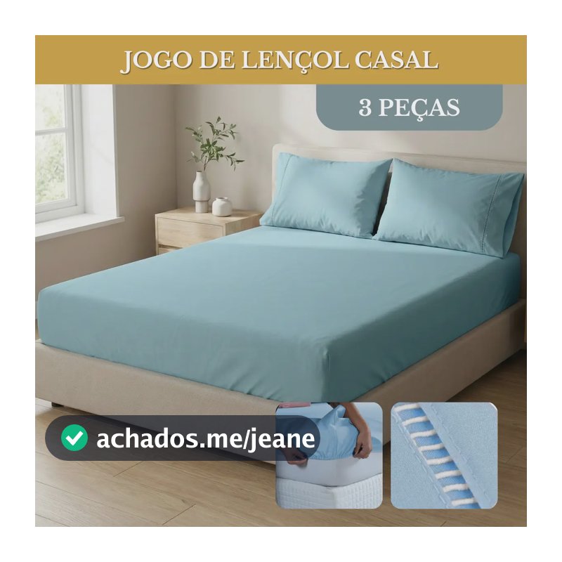 Jogo De Lençol Cama Casal Padrão 03 Peças 400 Fios Toque Macio Acetinado Ponto Palito Cor Azul Claro