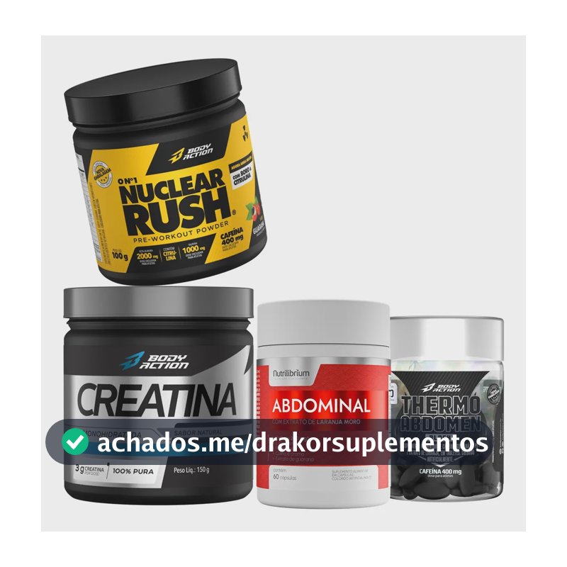 Creatina + Pre Treino + Thermo Black + Abdominal Bodyaction. Sabor Guaraná