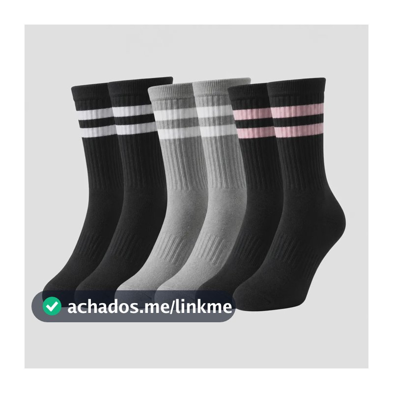 Kit 3 Meias Cano Alto Listrada 100% Algodão Confortável Preto Branco/cinza/preto Rosa Listras 3 Pares