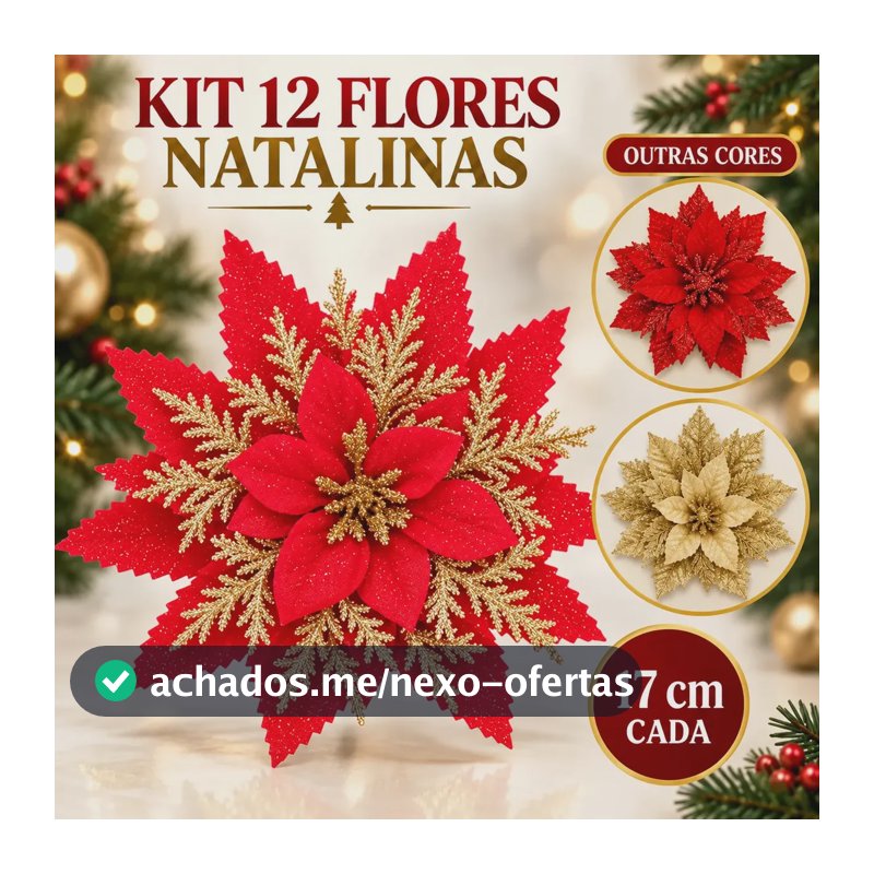 Kit 12 Flores Enfeite Artificial Glitter 17cm Decoração Árvore De Natal Vermelho e Dourado Luvinco