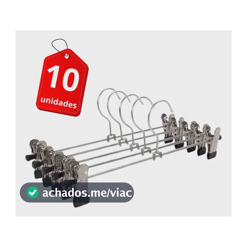 Kit 10 Cabide Metal Com Presilhas Cromado Ajustável Calça  Prateado