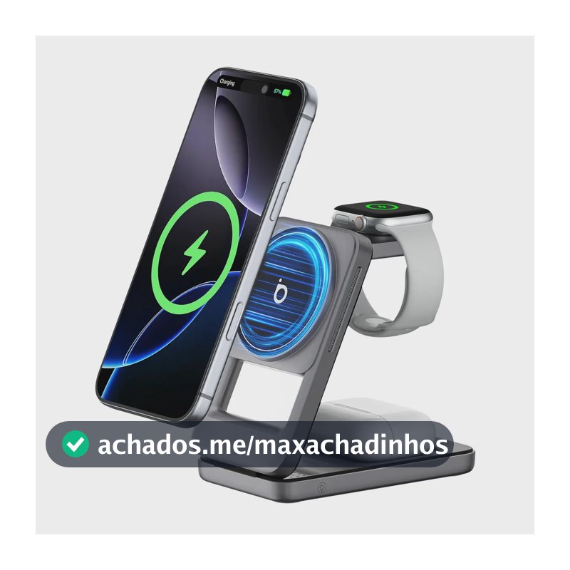 Basike Carregador Sem Fio 3 em 1 Qi2 15W Magnético MagSafe Suporte Mesa Dobrável Cinza para iPhone Apple Watch AirPods